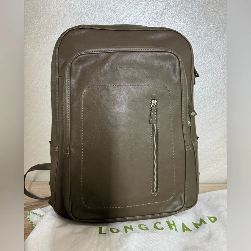 Longchamp Army Green Leather Backpack